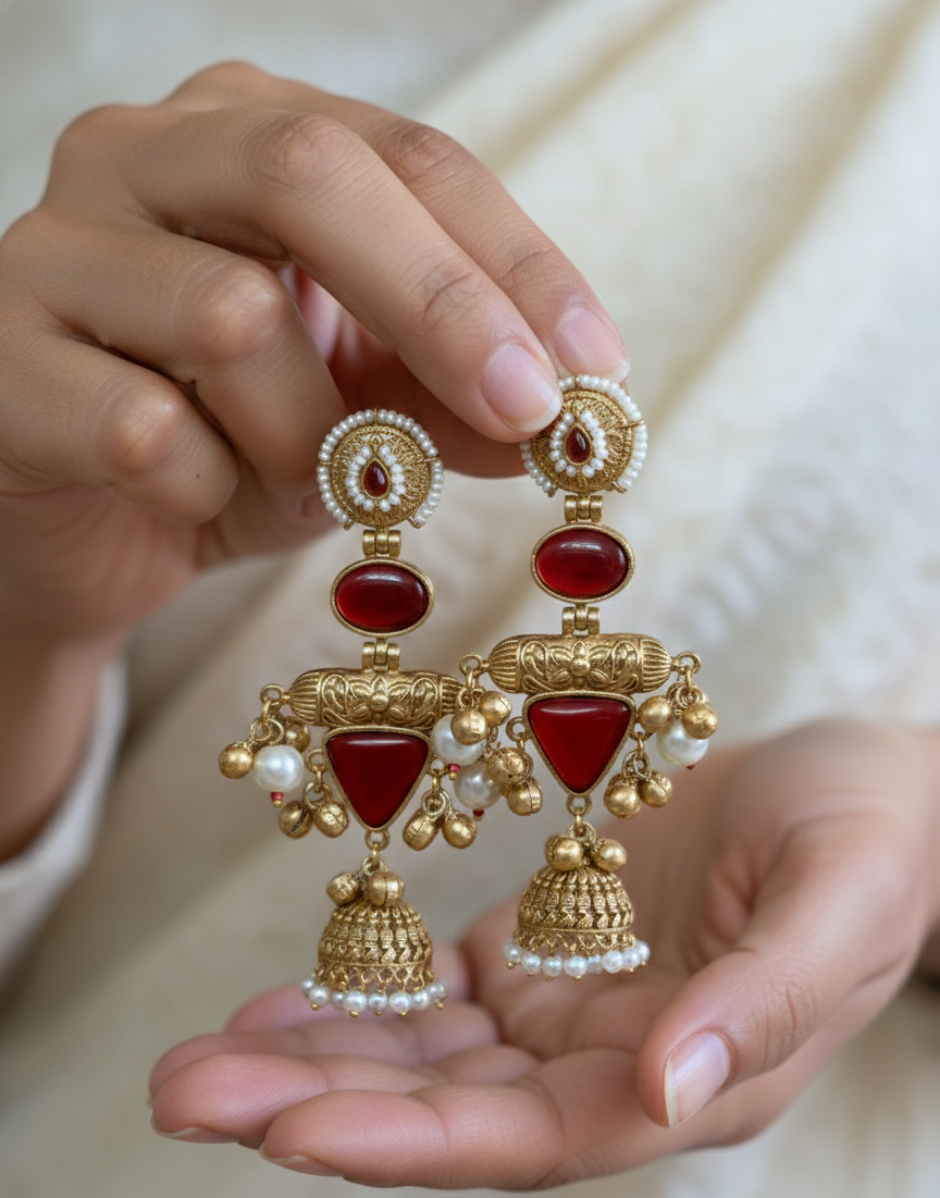 Kashmiri Noor Jhumkas – Handcrafted Filigree Drop Earrings with Seed Pearls