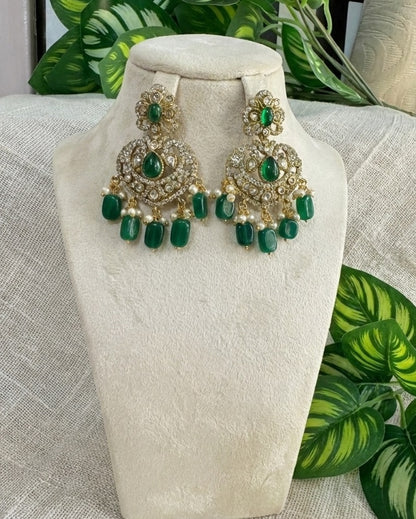 Victorian Emerald Green Chandbali Earrings with Polki & Pearl Accents