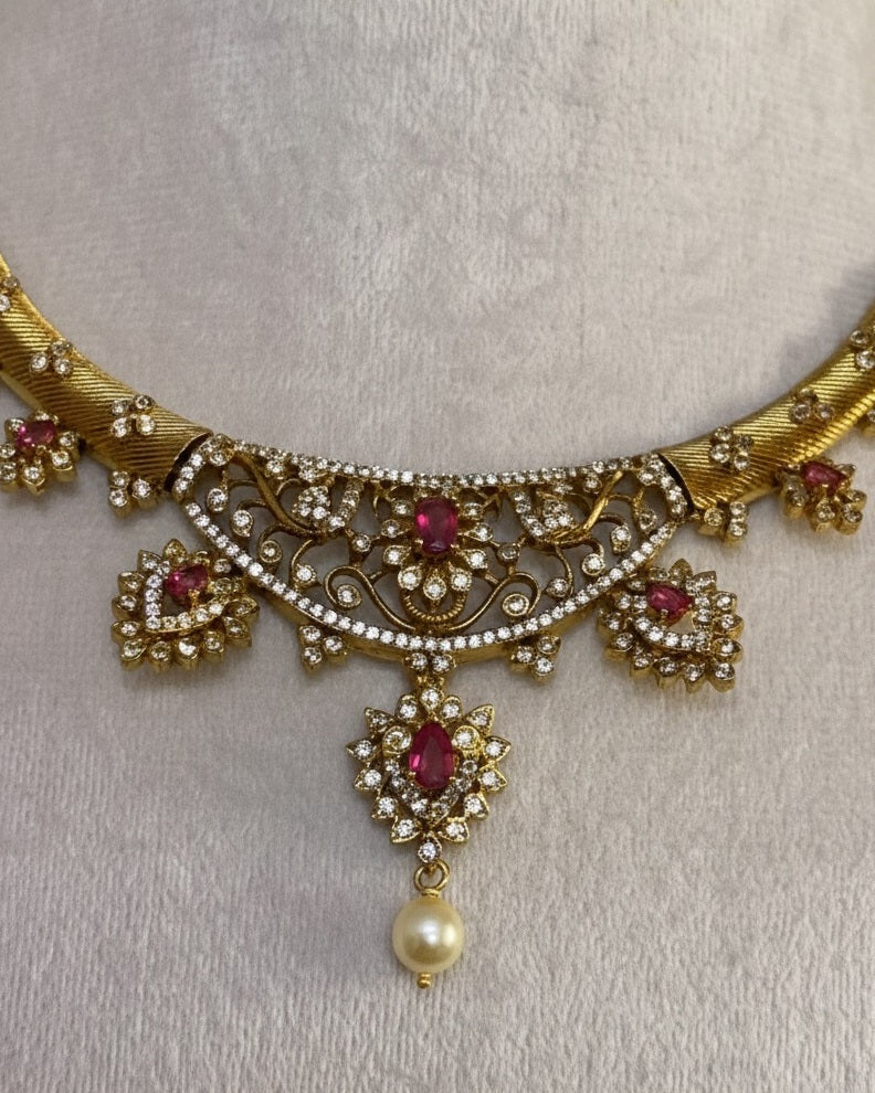 Gold-Plated Antique Filigree Choker Set with Ruby Pink Stones & Crystal Accents