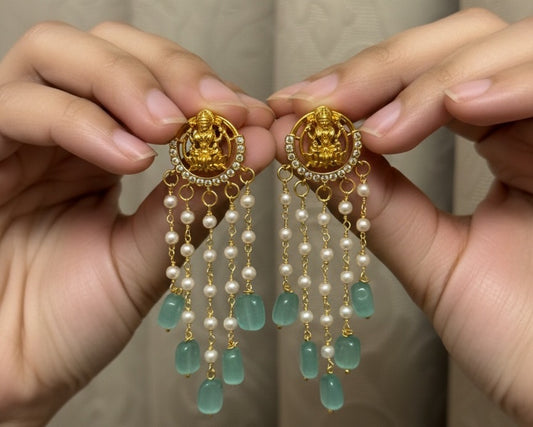 Gold-Plated Lakshmi Temple Earrings with Multi-Strand Pearls and Drops