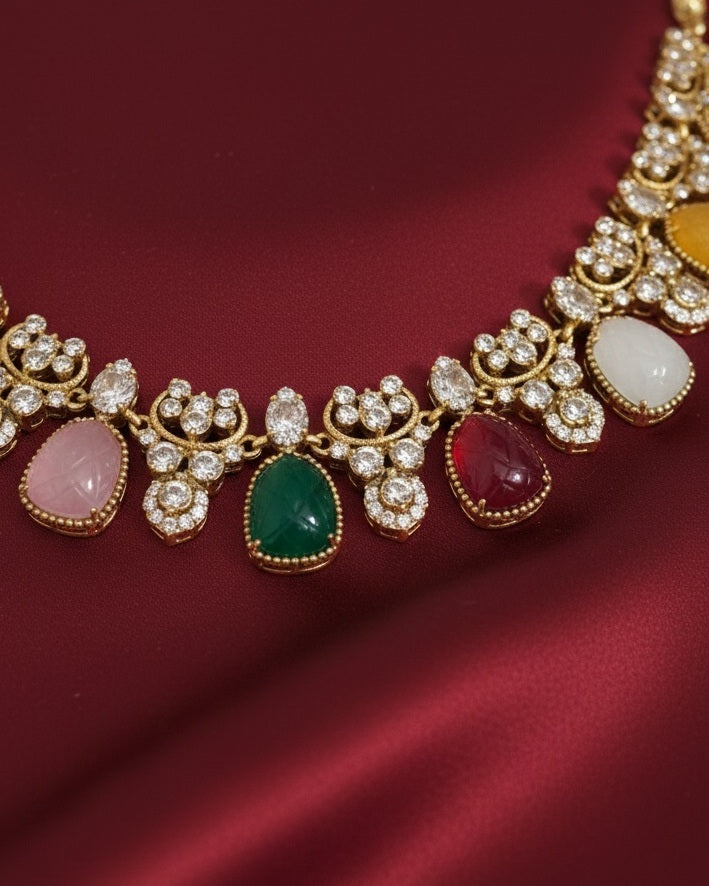 Gold-Plated Navratna-Style Necklace Set with Carved Multicolor Gemstones & Floral Crystal Accents