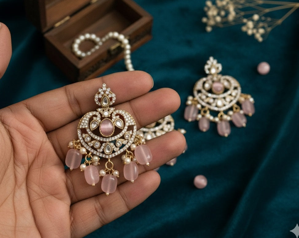 Victorian Rose Pink Chandbali Earrings with Antique Stone Work