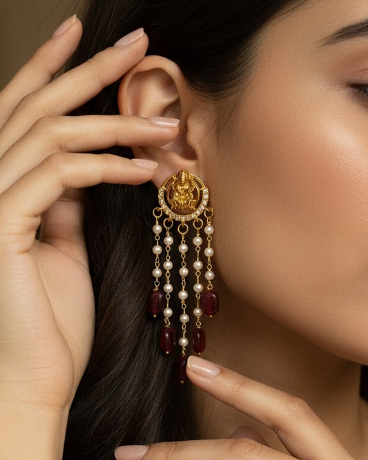 Gold-Plated Lakshmi Temple Drop Earrings with Tiered Pearls and Beads