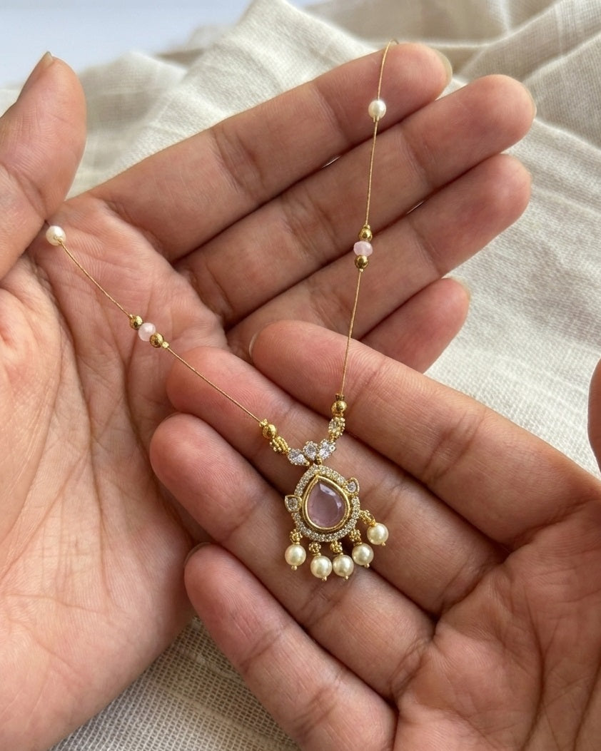 Rose Pink Teardrop & Pearl Drop Invisible Necklace – Gold-Toned Floating Chain