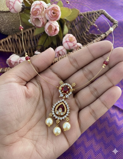 Royal Crimson Double-Tiered Floating Necklace – RUBY RED Invisible Gold Wire Choker with Pearl Dangles