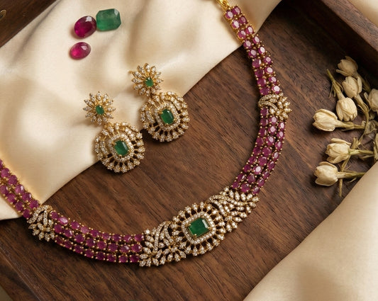 Ruby Red & Emerald Green AD Necklace Set with Rectangular Pendant | Gold Plated
