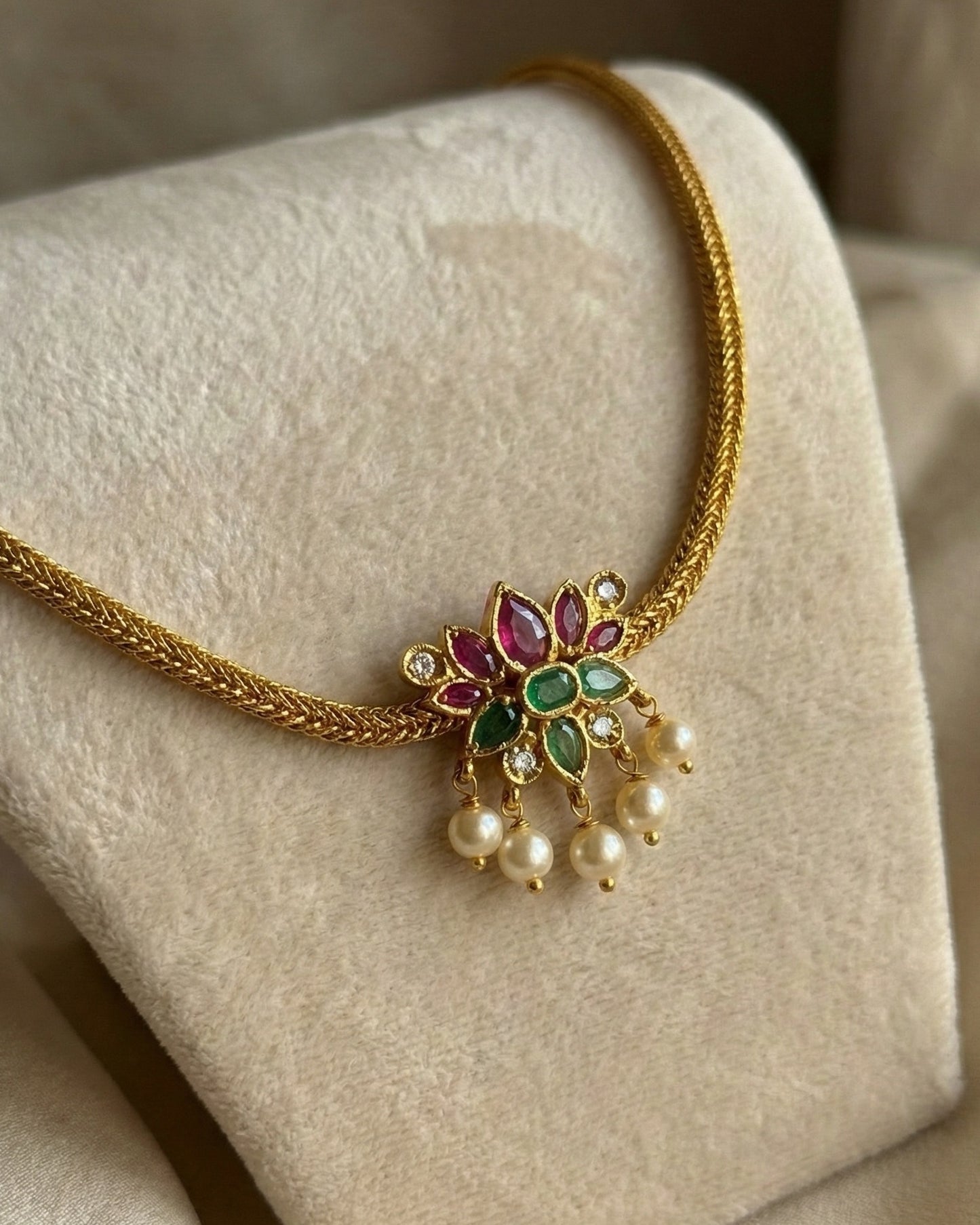 Gold Plated Ruby & Emerald Floral Pendant Necklace Set with Pearl Drops