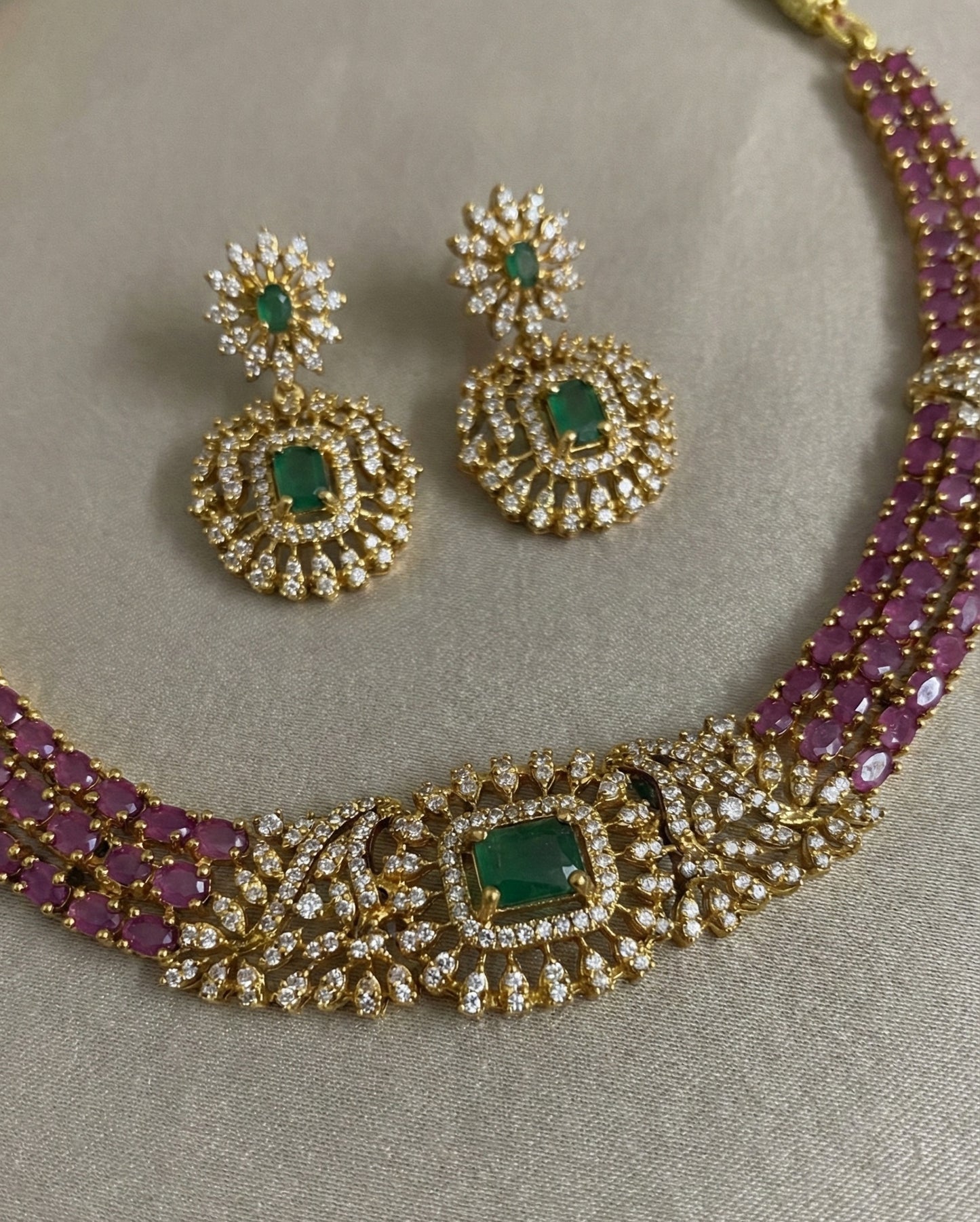 Ruby Red & Emerald Green AD Necklace Set with Rectangular Pendant | Gold Plated