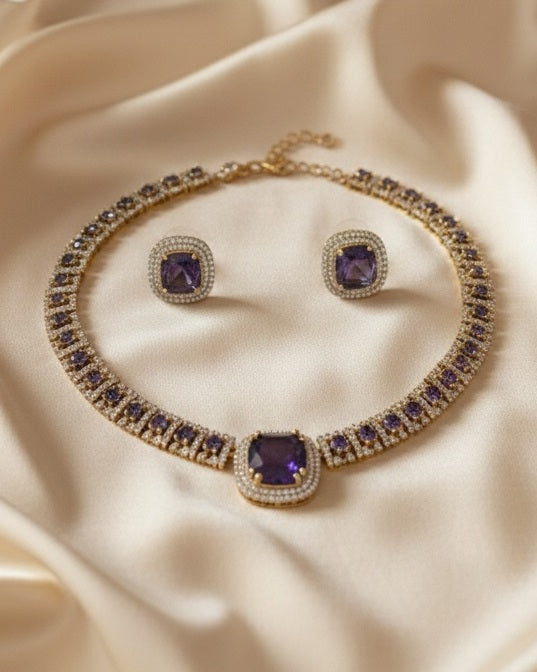 Elite Gold-Plated Cushion-Cut Sapphire royal purple Statement Choker & Earring Set