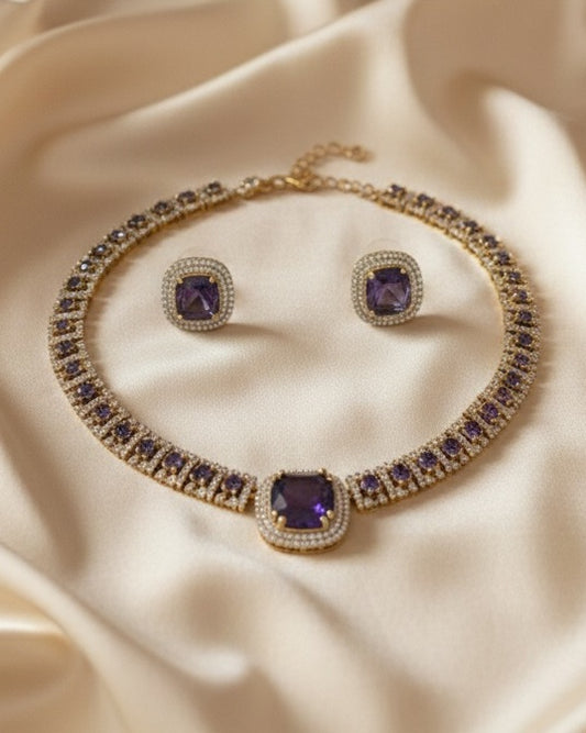 Elite Gold-Plated Cushion-Cut Sapphire royal purple Statement Choker & Earring Set