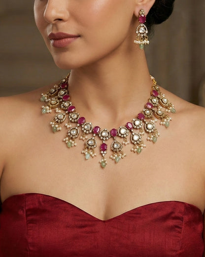 Ruby Red Monalisa & Polki Kundan Necklace Set with Mint Drops | Antique Gold Finish