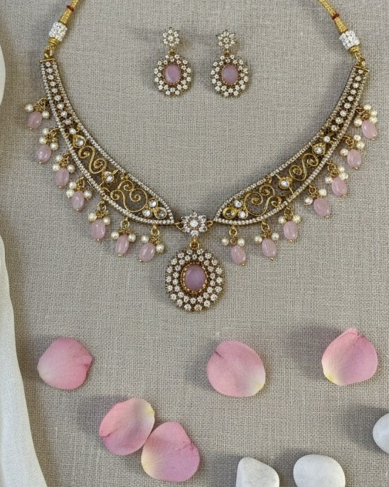 Gold-Plated Antique Filigree Choker Set with Rose Pink Stones & Pearl Drops