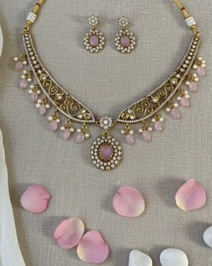 Gold-Plated Antique Filigree Choker Set with Rose Pink Stones & Pearl Drops