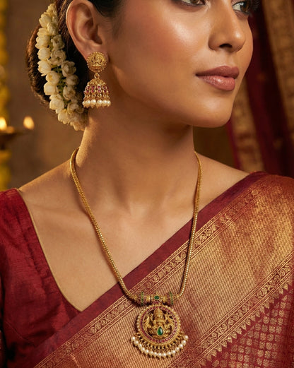 Antique Gold Plated Lakshmi Temple Pendant Set with Kemp Stones & Pearl Clusters (Includes Matching Jhumkas)