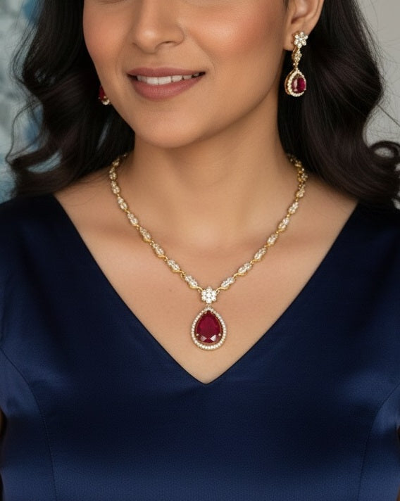 Gold-Plated Minimalist V-Necklace Set with Ruby Red Teardrop Pendant