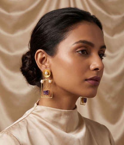 Handcrafted Brass Rectangle Drop Earrings with Natural Uncut Stones and Pearl Accents