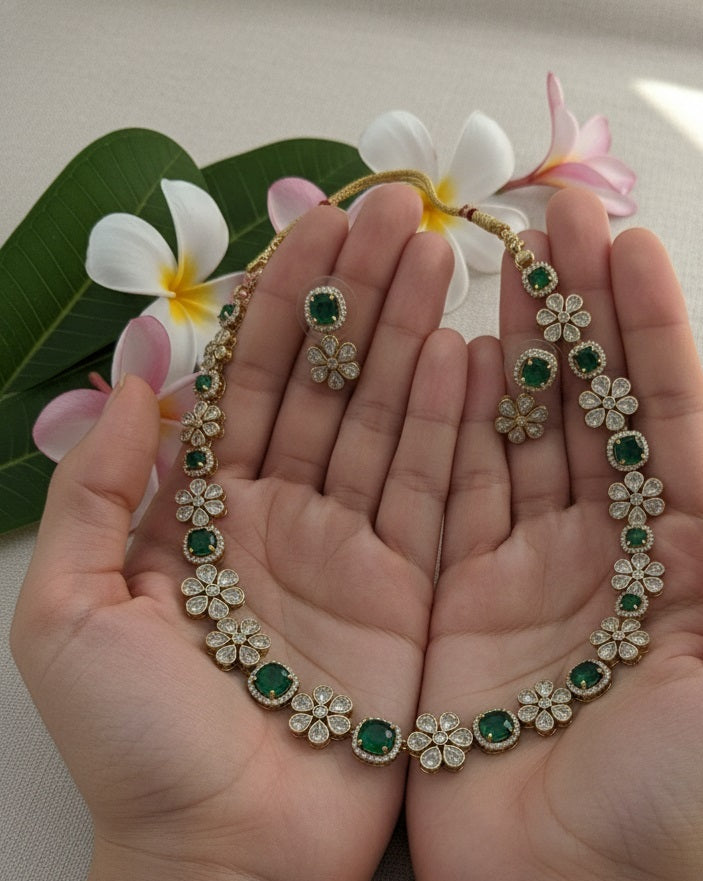 Elegant Emerald Green & Polki Floral Necklace Set with Matching Earrings