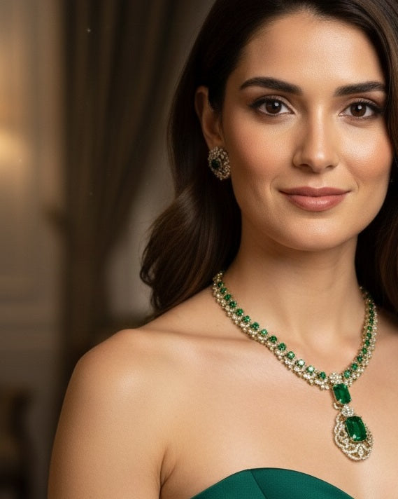 Elite Gold-Plated Long Link Necklace with Double Emerald Green Crystal Pendants