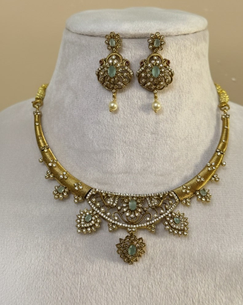 Gold-Plated Antique Filigree Choker Set with Mint Green Stones & Crystal Accents