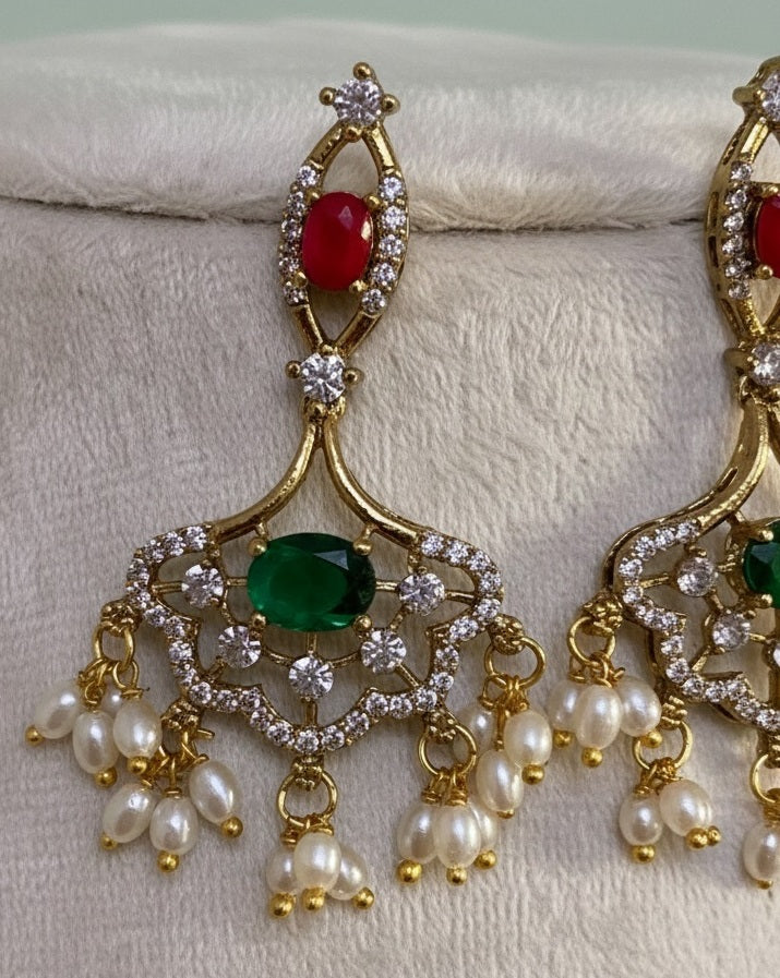 Gold-Plated Kundan Crescent Choker Set with Ruby Red Beads & Emerald Green Stones