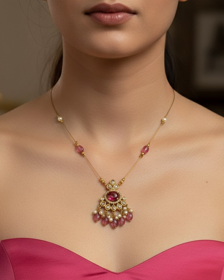 Deep Pink Magenta Floating Necklace – Invisible Gold Wire Choker with Gemstone & Pearl Fringe