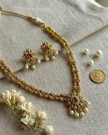 Antique Gold Finish Double-Layer Floral Necklace Set with Ruby, Emerald & Pearl Accents