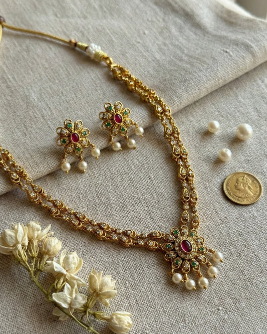 Antique Gold Finish Double-Layer Floral Necklace Set with Ruby, Emerald & Pearl Accents