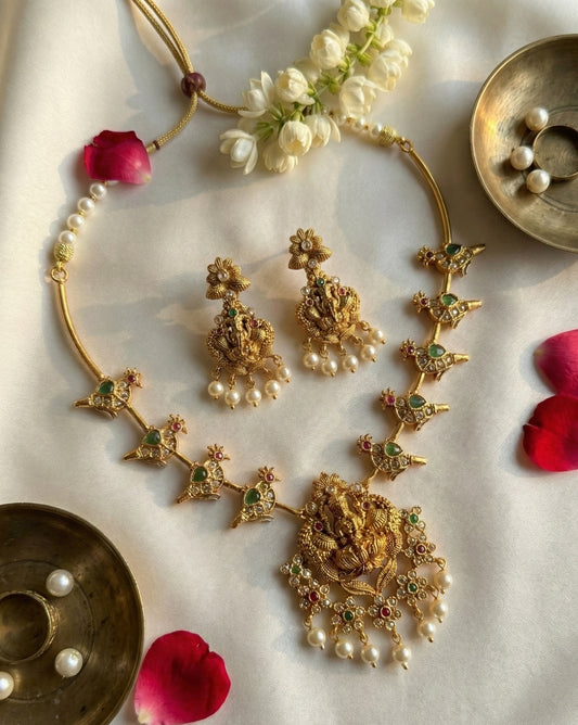Antique Matte Gold Plated Lakshmi Temple Necklace Set with Stylized Bird Motifs & Pearl Drops