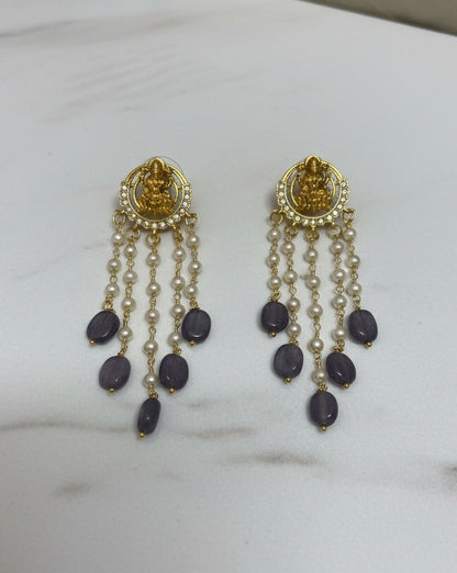 Gold-Plated Temple Jewelry Jhumka Earrings with Pearl Strands and Amethyst Beads