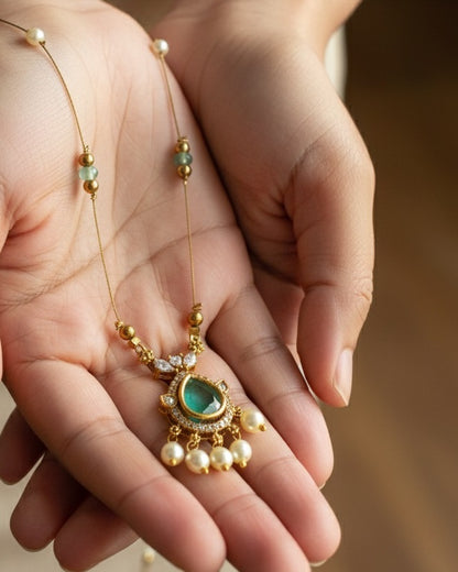 Mint Green Teardrop & Pearl Drop Invisible Necklace – Gold-Toned Floating Chain