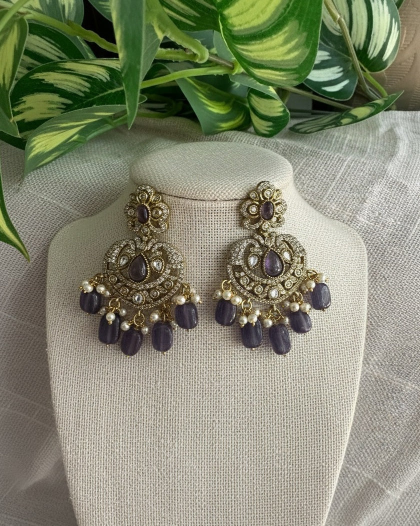 Victorian Lavender Purple Chandbali Earrings with Polki & Pearl Drops