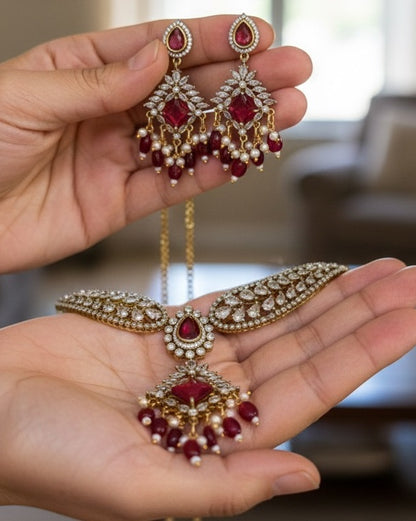 Royal Gold-Plated Statement Choker with Ruby Red Pendant and Pearl Accents