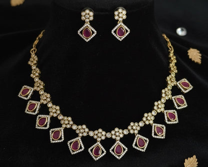 Gold-Plated Geometric Link Choker with Magenta Stone Inlays and Crystal Accents