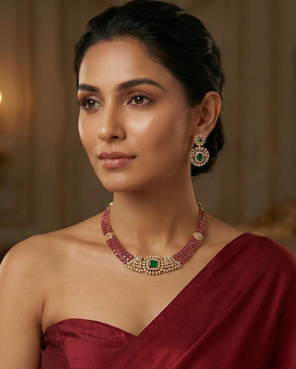 Ruby Red & Emerald Green AD Necklace Set with Rectangular Pendant | Gold Plated