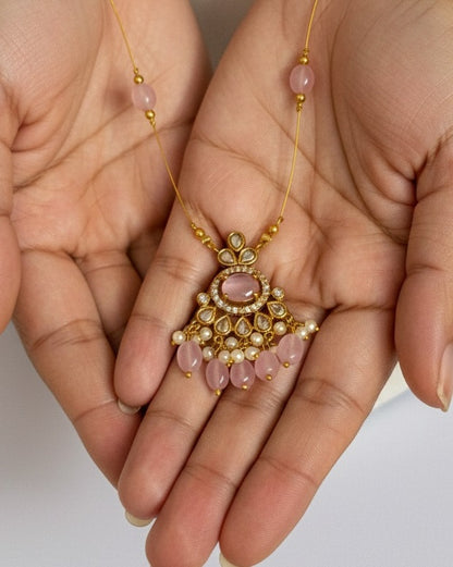 Blush Pink Oval Statement Floating Necklace – Invisible Gold Wire Choker with Pearl & Rose Bead Fringe