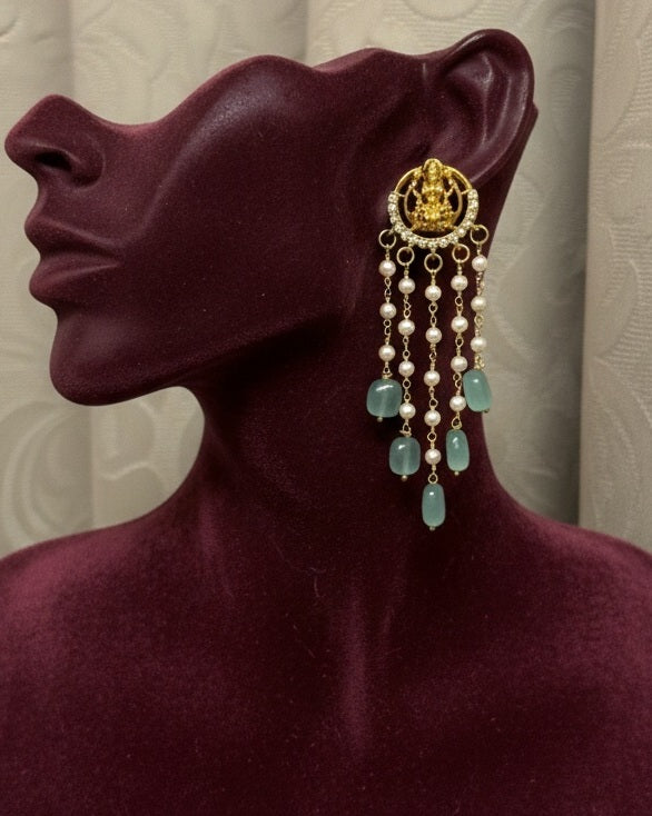 Gold-Plated Lakshmi Temple Earrings with Multi-Strand Pearls and Drops