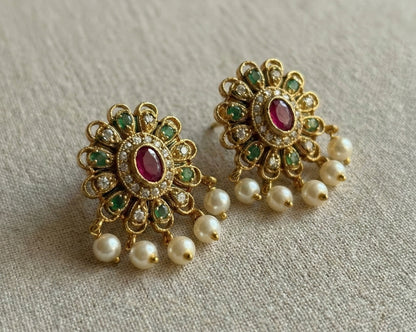 Antique Gold Finish Double-Layer Floral Necklace Set with Ruby, Emerald & Pearl Accents