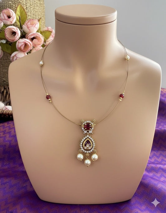 Royal Crimson Double-Tiered Floating Necklace – RUBY RED Invisible Gold Wire Choker with Pearl Dangles