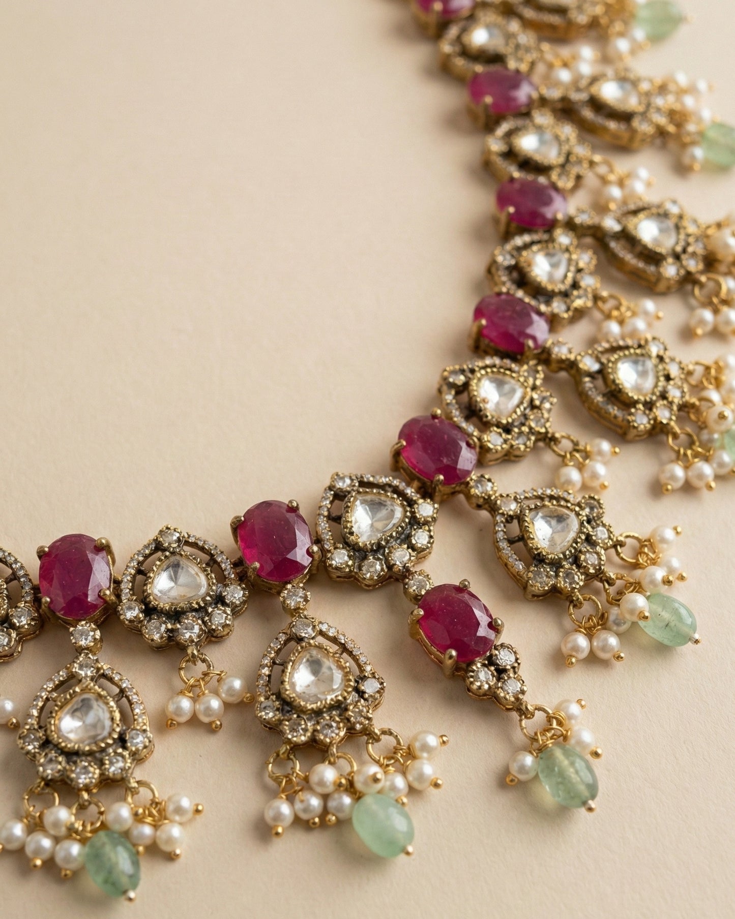 Ruby Red Monalisa & Polki Kundan Necklace Set with Mint Drops | Antique Gold Finish