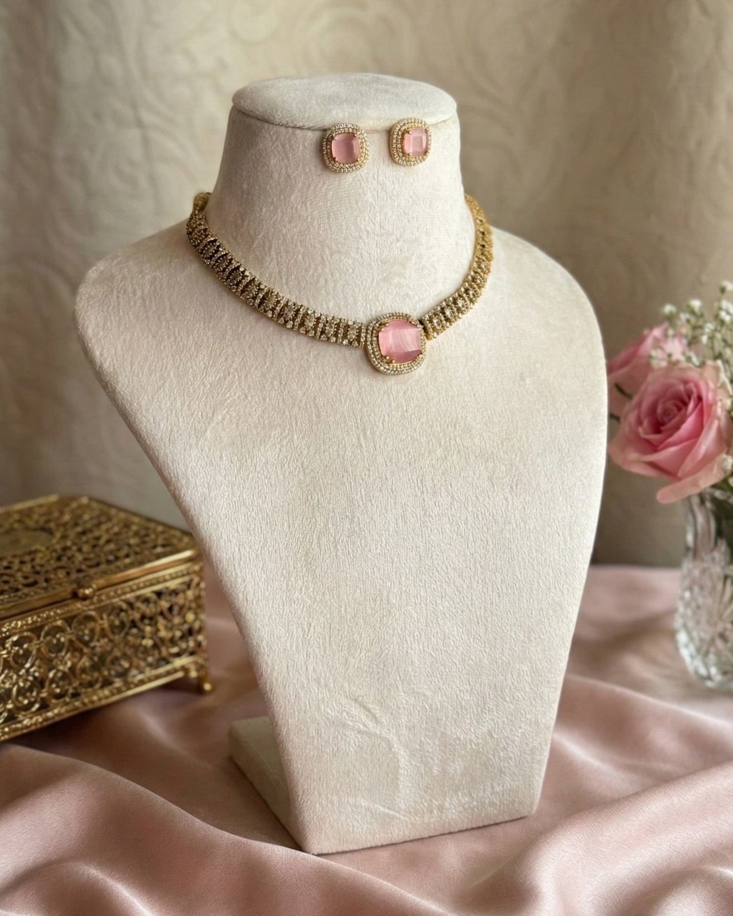 Rose Pink American Diamond (AD) Choker Necklace Set with Halo Studs | Contemporary Gold-Plated Jewellery