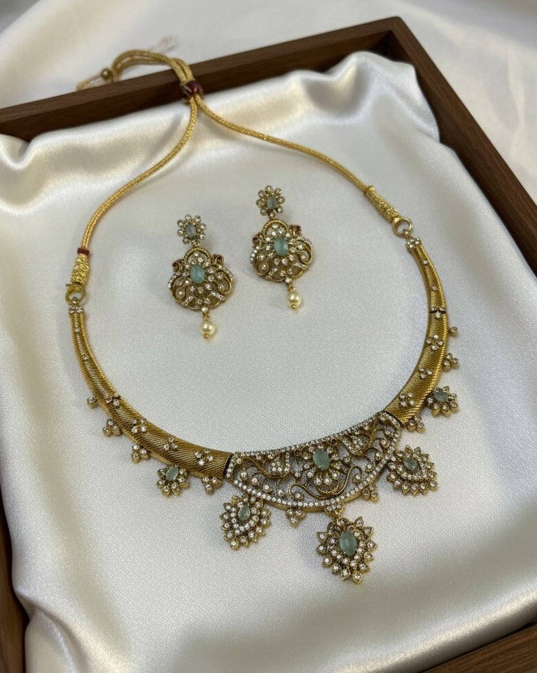 Gold-Plated Antique Filigree Choker Set with Mint Green Stones & Crystal Accents