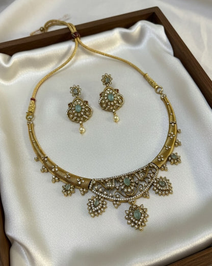 Gold-Plated Antique Filigree Choker Set with Mint Green Stones & Crystal Accents