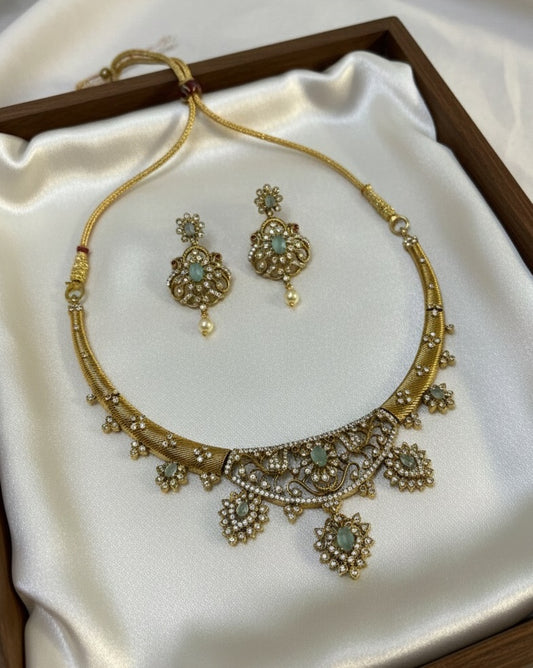 Gold-Plated Antique Filigree Choker Set with Mint Green Stones & Crystal Accents