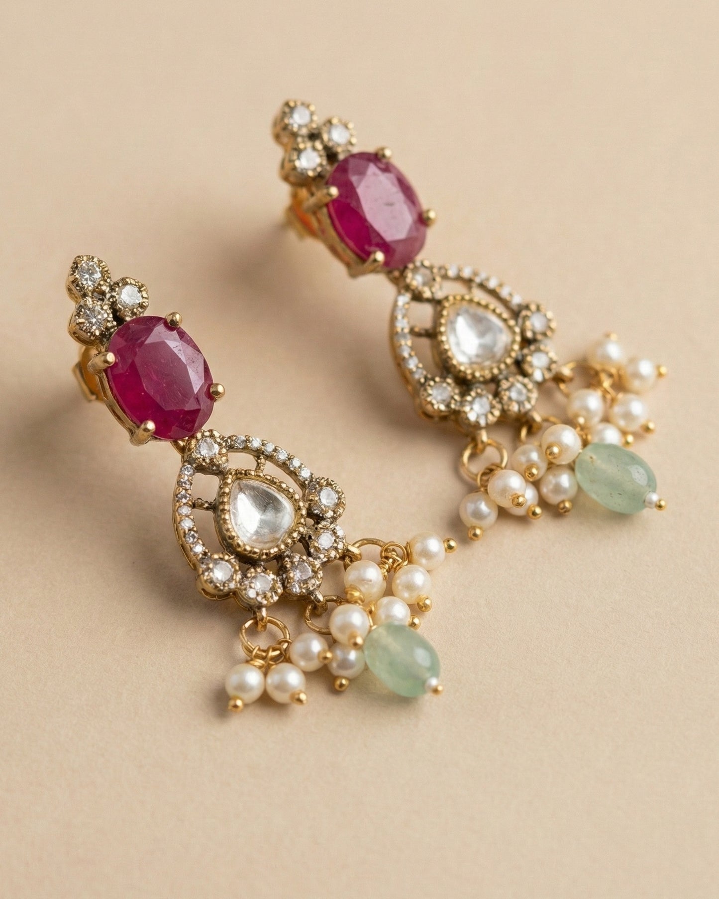 Ruby Red Monalisa & Polki Kundan Necklace Set with Mint Drops | Antique Gold Finish
