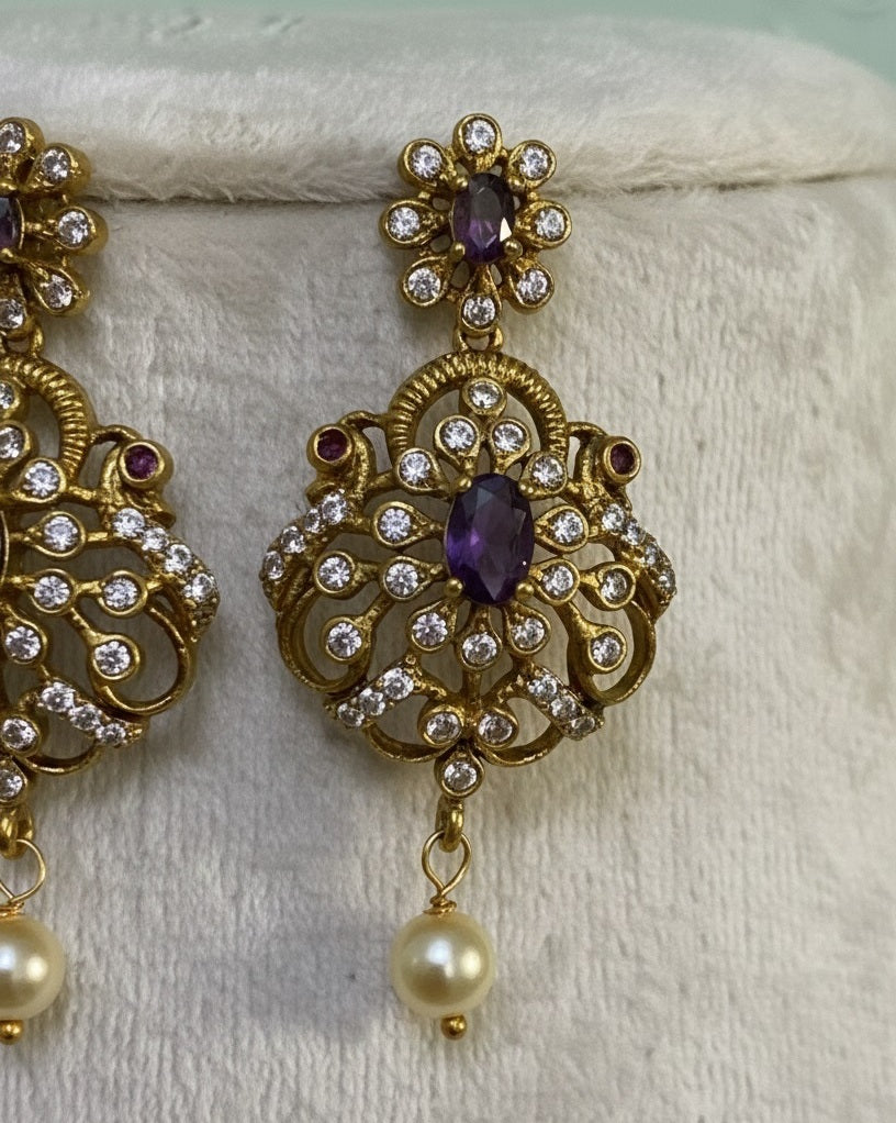 Gold-Plated Antique Filigree Choker Set with Royal Purple Stones &amp; Crystal Accents