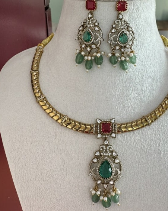 Royal Gold-Plated Statement Choker Set with Ruby Red Accents & Emerald Green Drops
