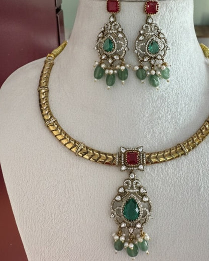 Royal Gold-Plated Statement Choker Set with Ruby Red Accents & Emerald Green Drops