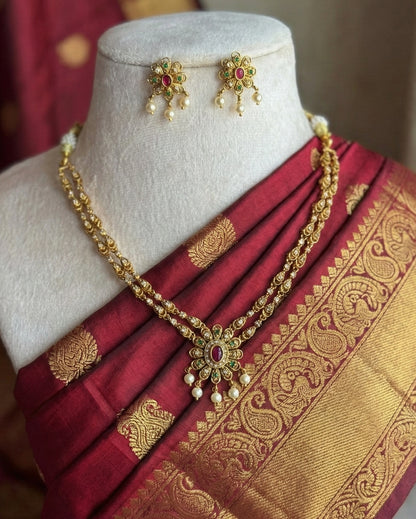 Antique Gold Finish Double-Layer Floral Necklace Set with Ruby, Emerald & Pearl Accents