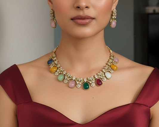 Gold-Plated Navratna-Style Necklace Set with Carved Multicolor Gemstones & Floral Crystal Accents