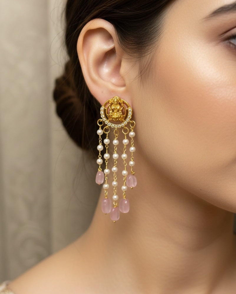 Gold plated Lakshmi Temple drop Earrings with Tiered Pearls and beads